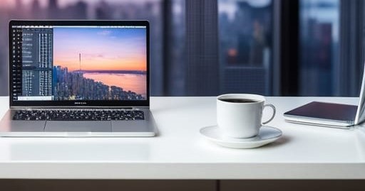 kaffe och laptop på ett skrivbord med utsikt över staden