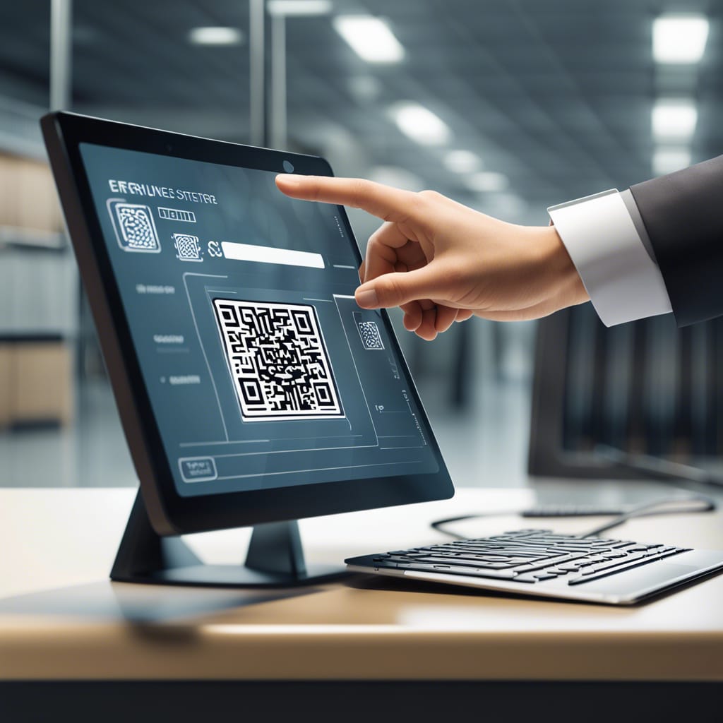 någon pekar på en skärm med en QR-kod